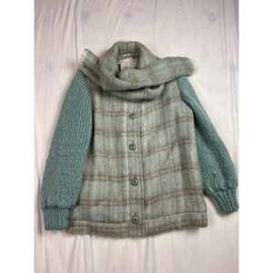 Donegal Design Mohair Plaid Cardigan Jacket with Scarf Ireland Vintage Green